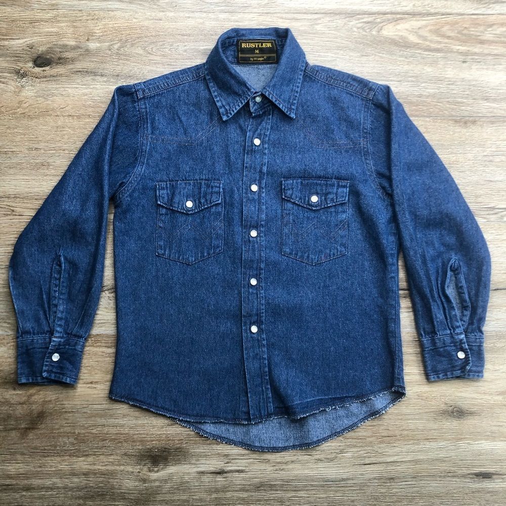 Vintage 90s Big Kid Wrangler Rustler Denim Pearl Snap Shirt